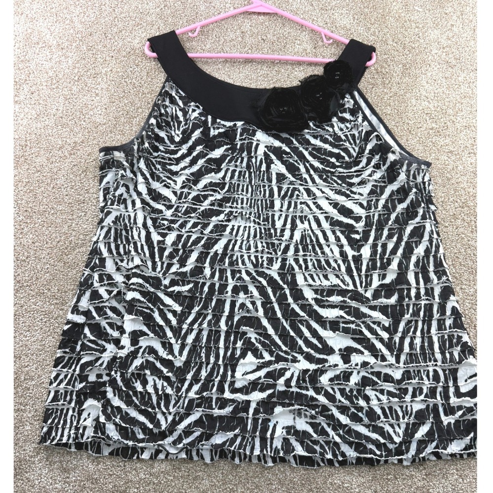 Cato‎ Woman Zebra Ruffle Rosette Tank Top Black White 18 20W Sleeveless Y2K Plus